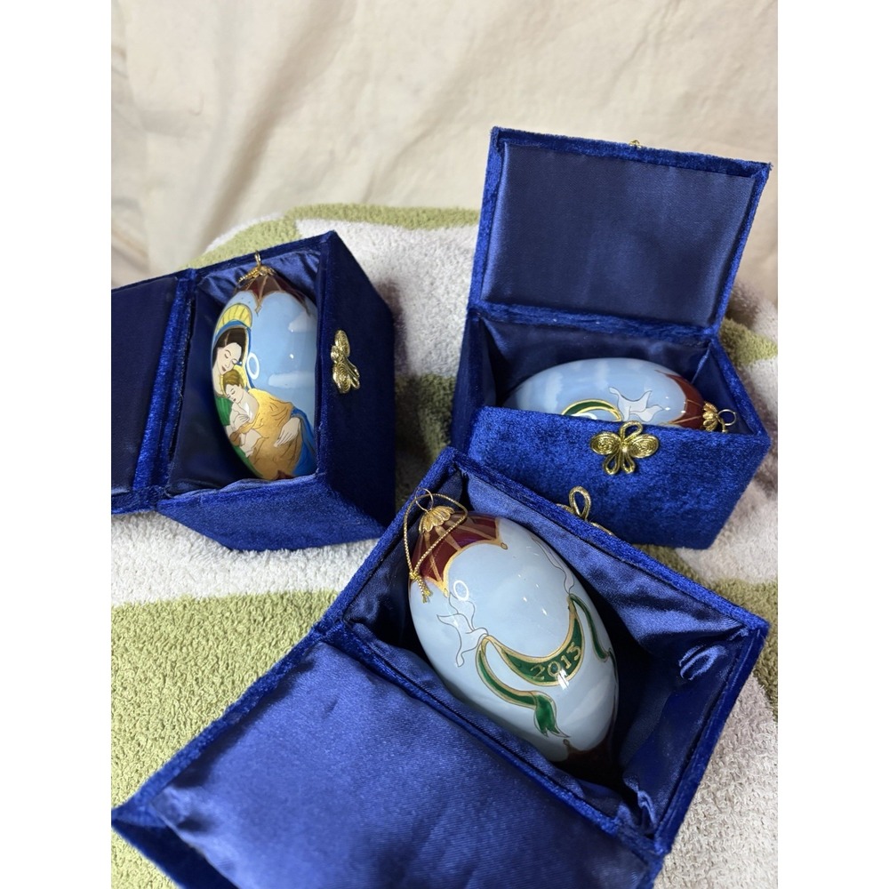 Pier 1 Hand Painted Glass Mary & Child Christmas Ornaments 2013 Set of 3 w/ Box